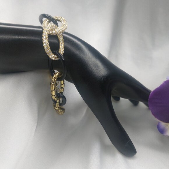 Vintage 80's Bracelet Rhinestones Oval Links Gold Black Cheetah Silver 7-9'' EUC - Picture 1 of 7